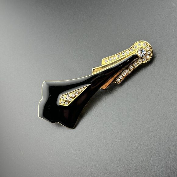 Vintage Art Deco Style Gold-Tone Brooch w Sparkly Rhinestones Black Enamel 3.2" - Picture 3 of 9